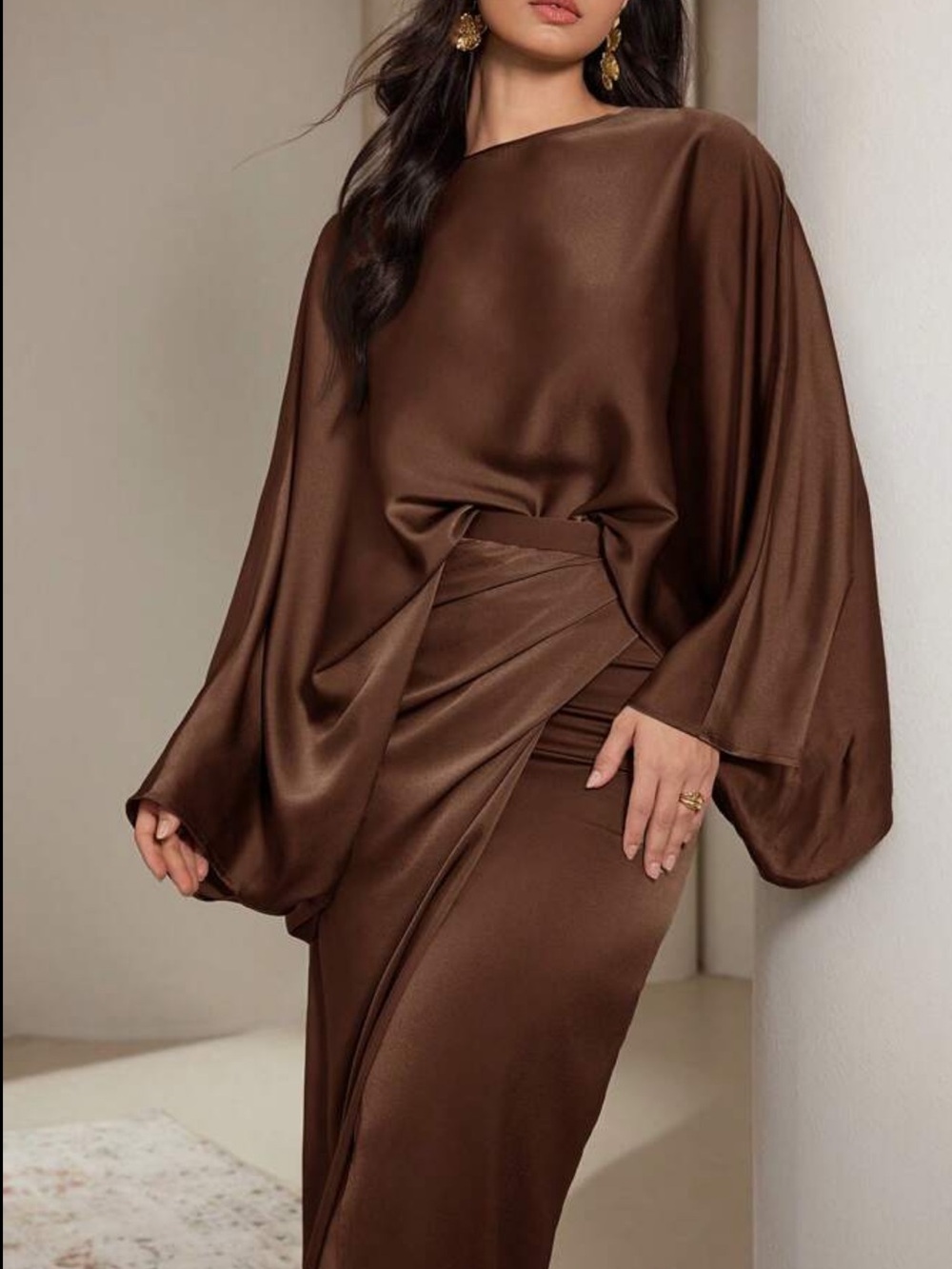 Luxe brown  2 piece batwing sleeve and maxi skirt set